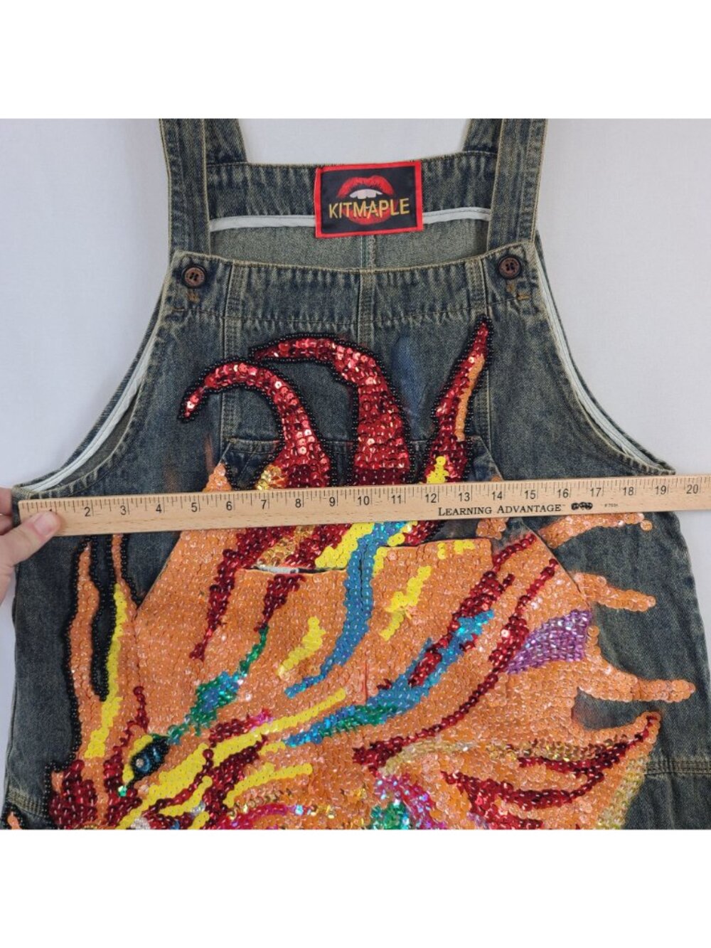 Kitmaple Denim Bib Overalls With Colorful Sequin Dragon Embroidery S-M - Picture 6 of 12